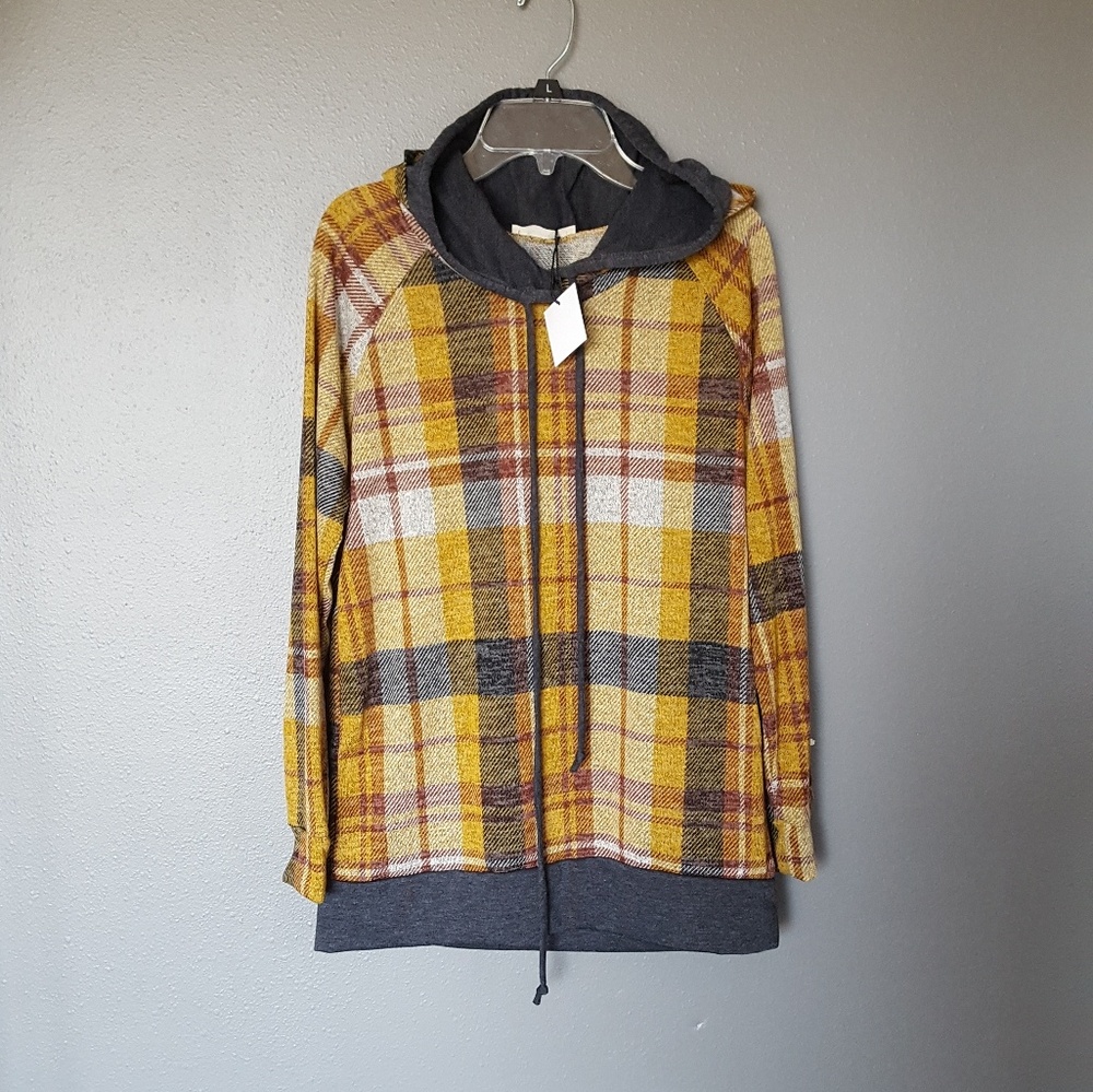 《Promesa》Mustard Layered Plaid Hoodie - Picture 5 of 5